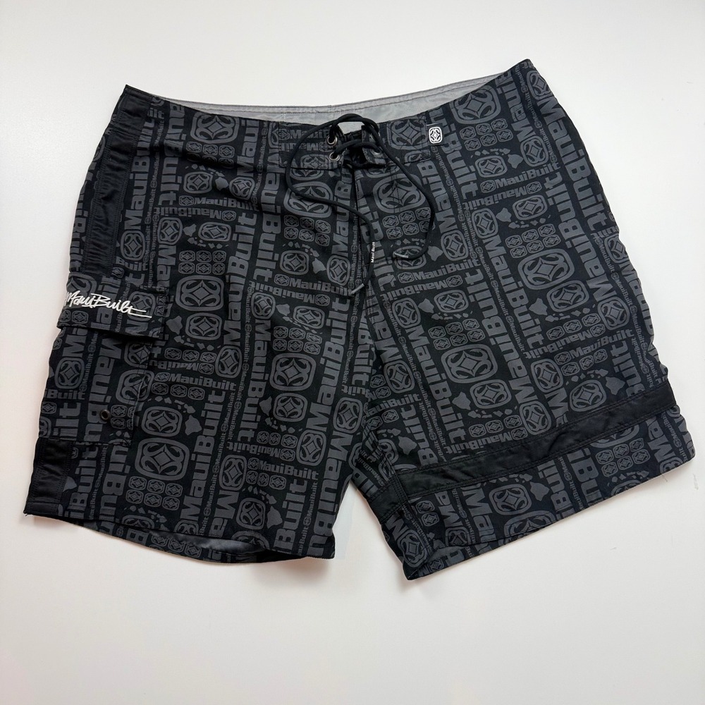 Maui Built Mens Board Shorts Size 38 Black Grey Tribal All Over Logo Surf Trunks